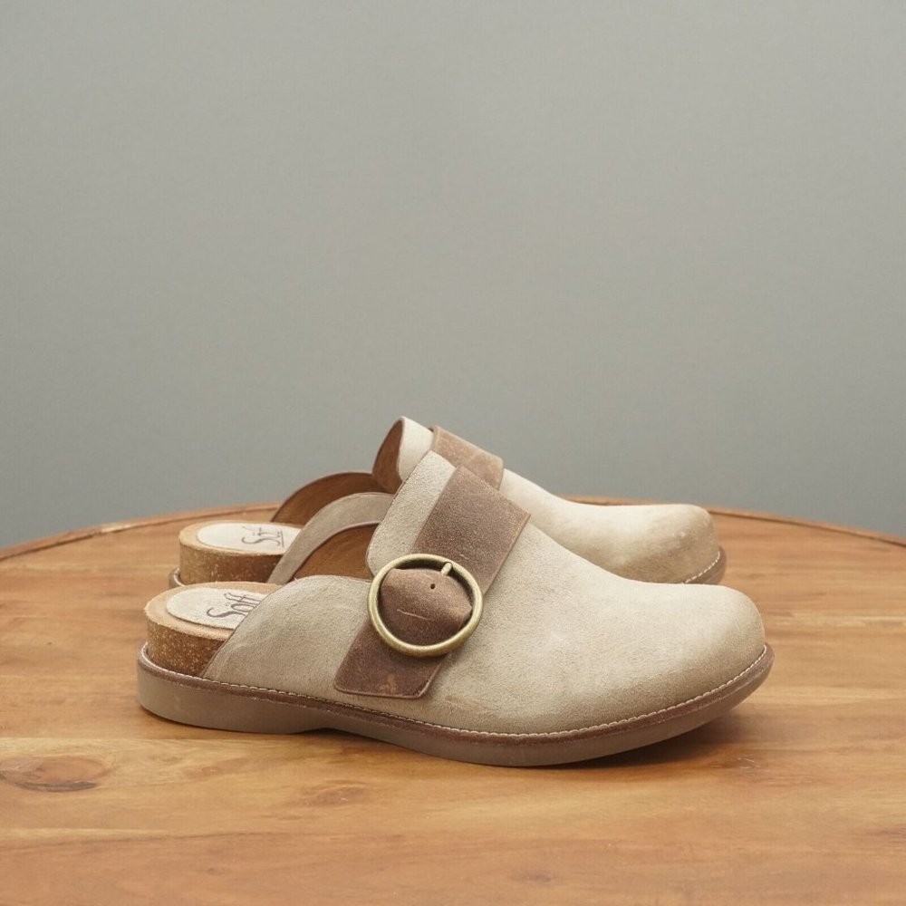 Sofft Womens Billie Clogs Mules Beige Nubuck Leather Wedge Heel Size 7M